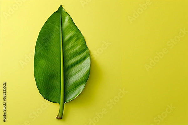 Obraz Green leaf on a yellow background