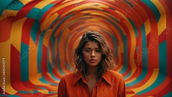 Fototapeta A woman standing in front of a vibrant and captivating tunnel