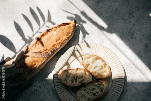 Fototapeta French fresh bread baguette with slices on a ceramic plate on gray background.