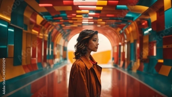 Fototapeta A woman standing in a vibrant tunnel