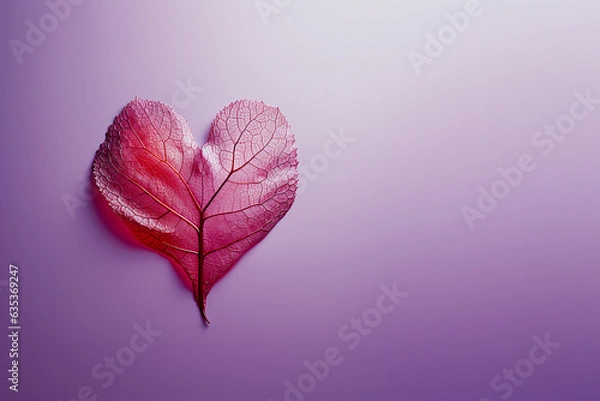 Obraz Red heart-shaped leaf on purple background