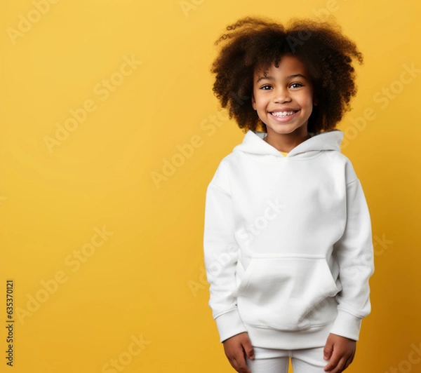 Fototapeta Little girl wearing blank white hoodie, smiling toddler standing in front of yellow wall, smiling, relaxed, preschool model, studio photo, apparel mock-up