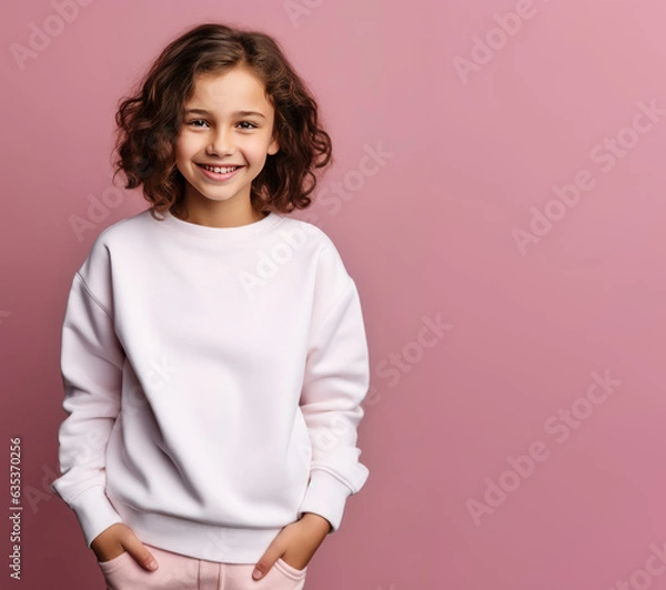 Fototapeta Teeage girl wearing a blank white sweatshirt standing in front of pink wall, studio photo of a girl for mockup, apparel with no print or label, 10 or 13 years old girl