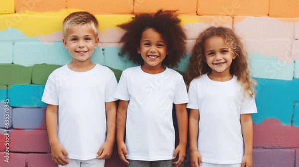 Fototapeta Cute toddlers wear white tees, blank t-shirts with no print, diverse little children stand together in front of colorful wall, 5 years old girls and boys, apparel mockup