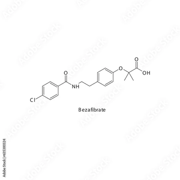 Obraz Bezafibrate  flat skeletal molecular structure Fibrate drug used in hyperlipidemia treatment. Vector illustration.