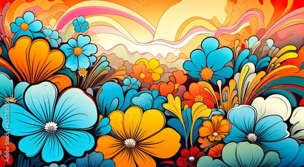 Fototapeta Colorful 70s Retro Style poster art with flowers, and psychedelic wavy shapes, colors in orange, pale blue, yellow and greens. Background texture or wall art.