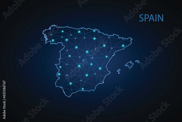 Fototapeta Map of Spain. Wire frame 3D mesh polygonal network line, design sphere, dot and structure. communications map of Spain. Vector Illustration EPS10.