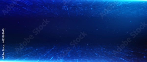 Fototapeta Perspective grid digital abstract background shining blue floor ground particles stars dust with flare. Futuristic glittering in space on black background.