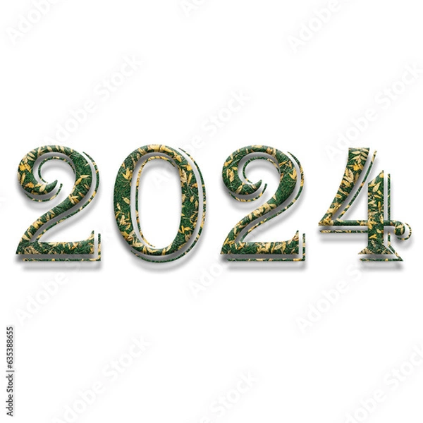 Fototapeta Design year 2024 with leaf texture on white background.