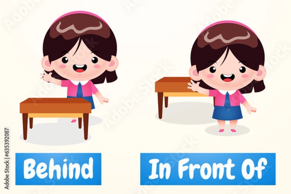 Fototapeta Cute Girl Cartoon Example Of Opposite Word Antonym  In Front Of And Behind