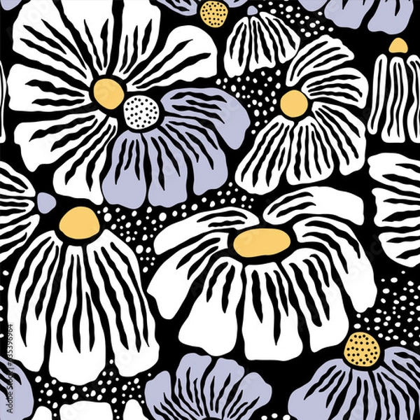 Fototapeta Abstract monochrome style floral seamless pattern. Hand drawn big flowers texture. Great for fabric, textile, wallpaper. Vector illustration