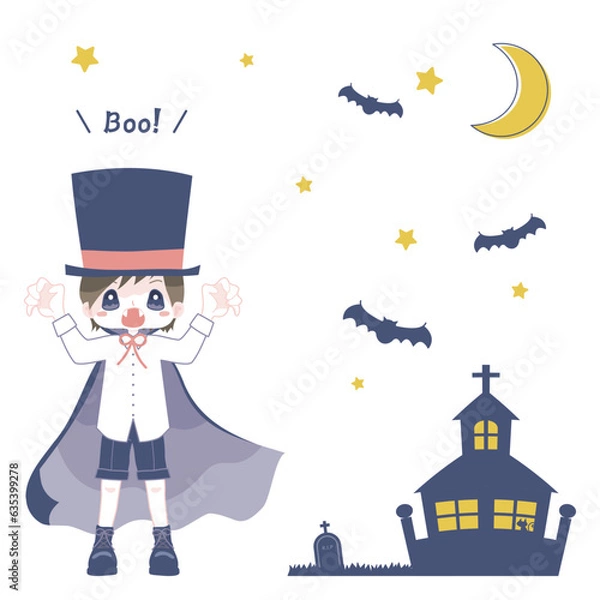 Obraz ハロウィンでかわいいドラキュラに仮装した男の子のイラスト