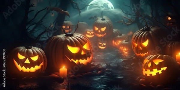 Fototapeta Pumpkins for Halloween with candles. Ghost Pumpkin. Generative Ai.