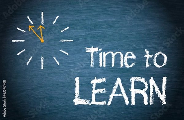 Fototapeta Time to learn chalkboard with clock