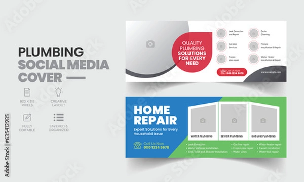 Fototapeta Plumbing service social media cover template with professional handyman home repair web banner design layout