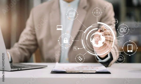 Fototapeta Person using smartphone, tablet  with SDK icon on virtual screen. SDK Software development kit programming language technology concept in office.