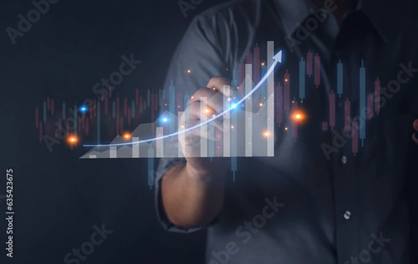 Fototapeta Businessman working with stock investment strategy, stock market, business growth Progress analysis data of trading that has the graph stock. invest in trading
