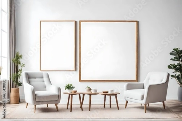 Fototapeta Two armchairs in room with white wall and big frame poster on it