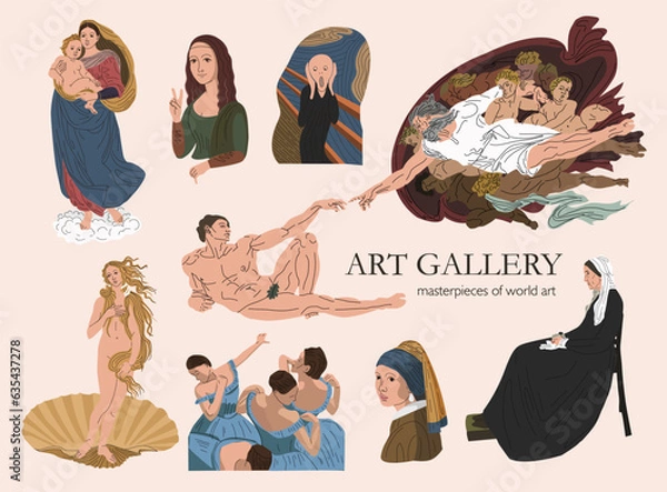 Fototapeta Famous paintings in vector. Exhibition of classical painting. Gallery of works of art. masterpieces of world art. Creation of Adam. Reproductions of paintings. Birth of Venus. Sistine Madonna.