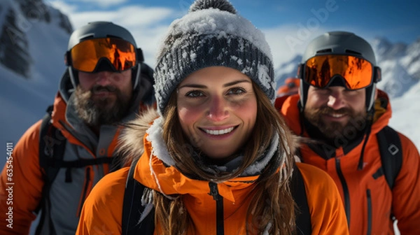 Fototapeta Portrait of group of friends on winter holidays. Generative Ai