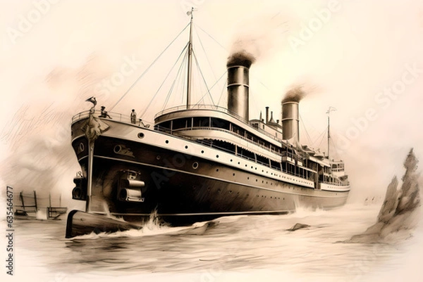 Fototapeta vintage monochrome drawing of a passenger steamship - generative ai