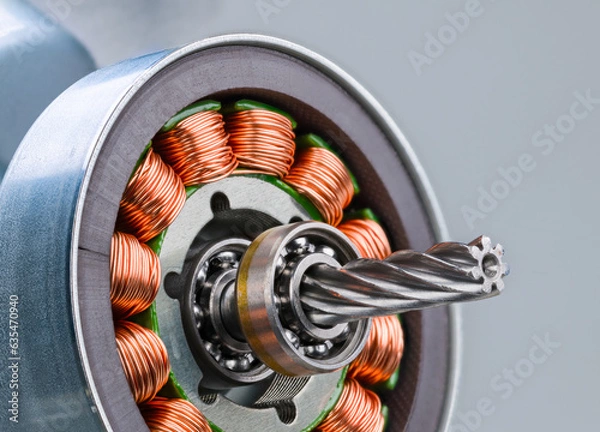 Fototapeta Closeup of electric motor rotor with worm gear, ball bearing and inductors on gray background. Copper wire winding on electromagnetic coils with metal sheets inside steel bushing of electrical engine.