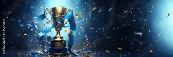 Obraz Gold trophy background with serpentine and confetti, copy space, competition concept. Generative AI