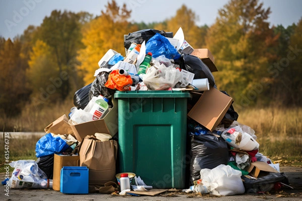 Fototapeta Garbage containers full of trash. Green plastic rubbish bin. Generative AI.