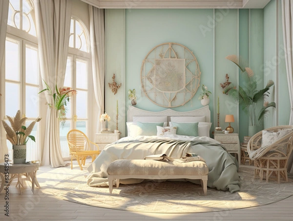 Fototapeta Bright modern Bohemian bedroom. Created with Generative AI technology