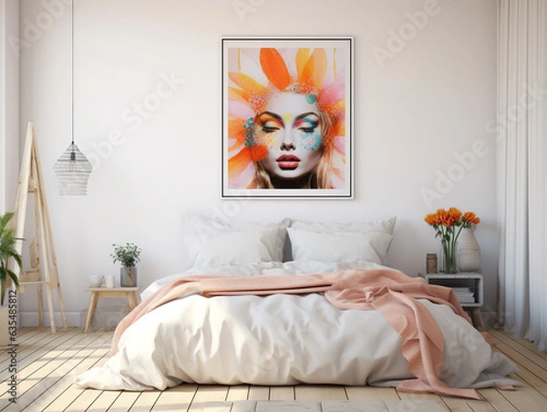 Fototapeta Bright modern Bohemian bedroom. Created with Generative AI technology