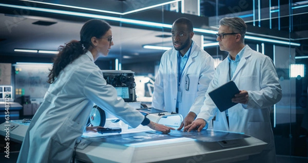 Fototapeta Portrait of a Team of Industrial Engineers Working on a Mobility Robot at a Startup Factory. Multiethnic Male and Female Scientists Discussing an Automated AI Robotic Delivery Machine in a Laboratory