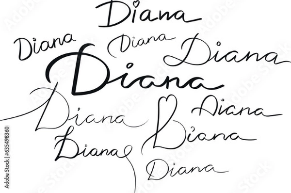 Fototapeta Female name Diana written in different scripts. Girl’s name Handwritten lettering calligraphy typescript. Vector art
