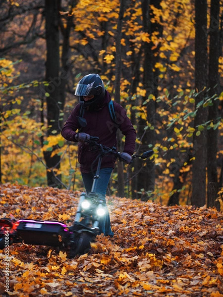 Fototapeta A man in a helmet rides through a colorful autumn forest on a powerful electric scooter
