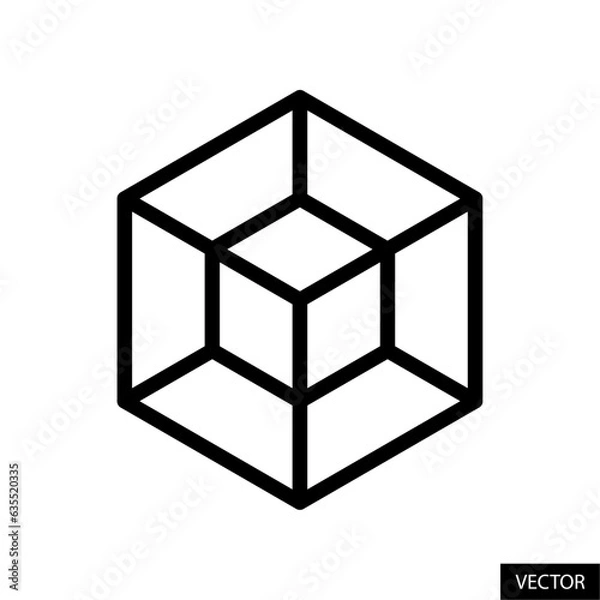 Fototapeta 4D cube, tesseract, four dimensional cube, hypercube vector icon in line style design for website, app, ui, isolated on white background. Editable stroke. Vector illustration.