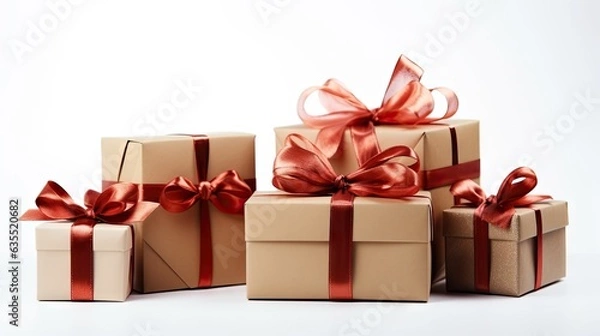 Obraz Wrapped vintage gift box with red ribbon bow, isolated on white created with Generative AI technology
