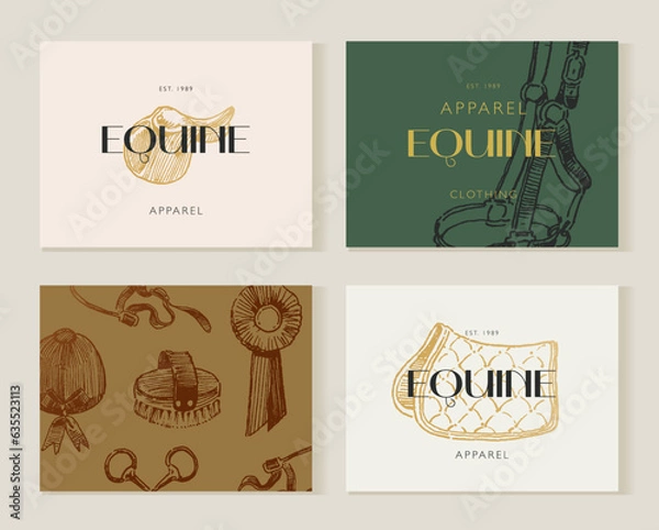 Obraz Equestrian card design, equestrian shop product, hand drawn horse tack and harness, horseback riding apparel, classical vintage style