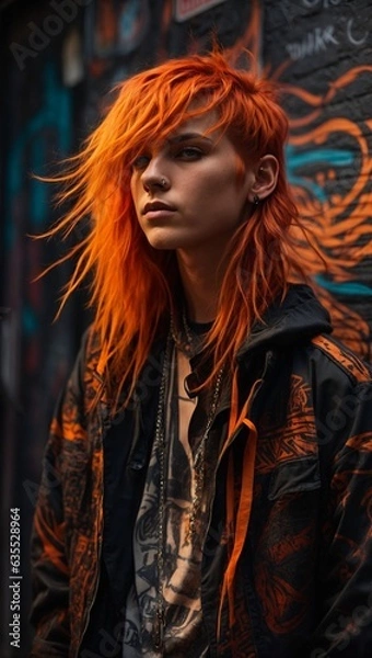 Obraz A woman with red hair posing in front of a vibrant colored wall