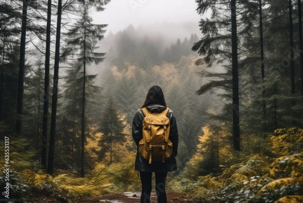 Fototapeta Hiking in tropical jungle backpacker. Generative Ai