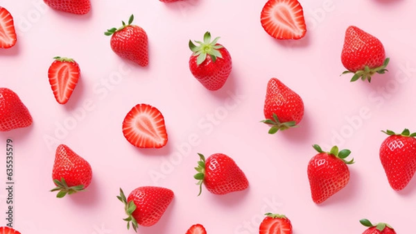 Fototapeta Berry Blush Symphony: An Enchanting 3D Abstract Background of Fruity Strawberry Chunks and Slices on a Delicate Pink Minimalist Canvas