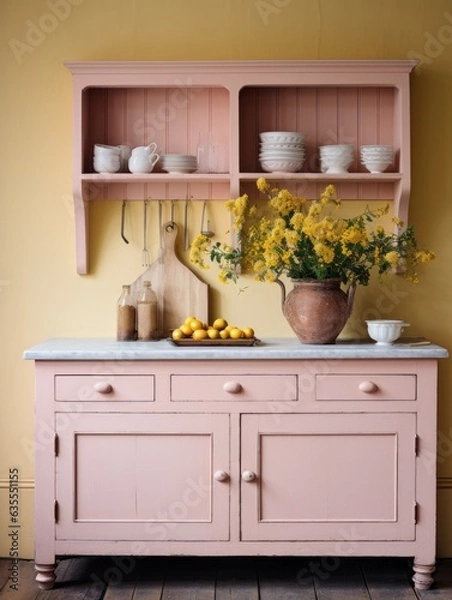 Fototapeta Photo of a colorful cabinet adorned with vibrant flowers and decorative plates created with Generative AI technology