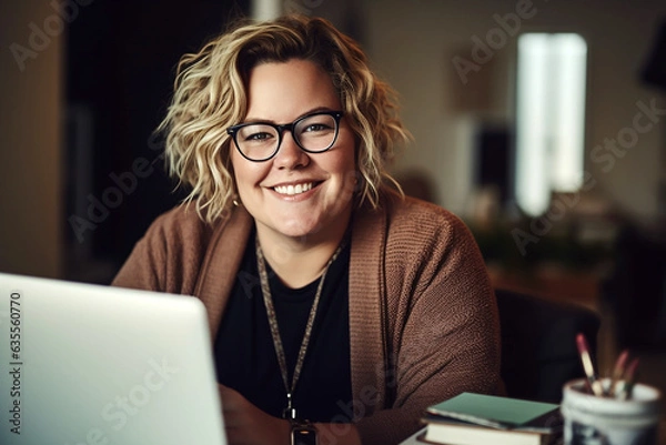 Obraz Happy plus size caucasian casual businesswoman using laptop at desk in office.
