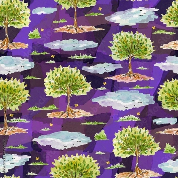 Fototapeta Seamless pattern with trees and clouds for wallpaper, fabric