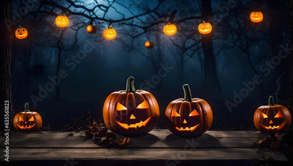 Fototapeta Halloween Pumpkins On Wood In A Spooky Forest At Night, Empty copy space, Celebration theme, copy space for text. Ideal for product placement, Generative AI