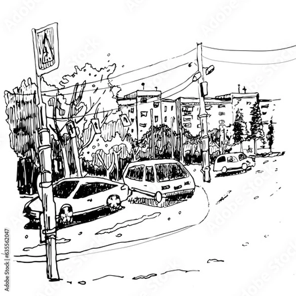 Obraz Sketch of the city with cars  in the parking lot. Drawn by hand in liner
