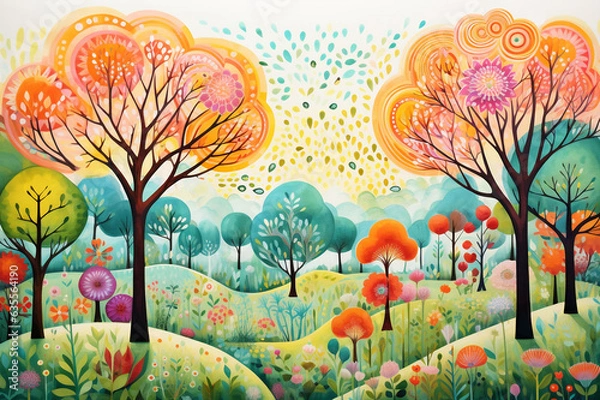 Fototapeta Abstract summer landscape with colorful trees, flowers and green meadow. Kids illustration with bright and bold colors. Digital nursery art, beautiful artistic image for poster, wallpaper, art print.