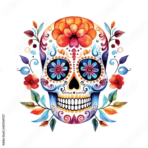 Obraz Day of the dead Colorful mexican skull with flowers watercolor illustration on white background