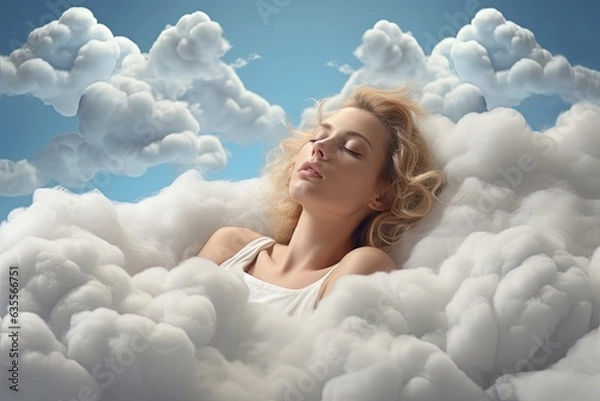 Fototapeta Woman sleeping on a white cloud.