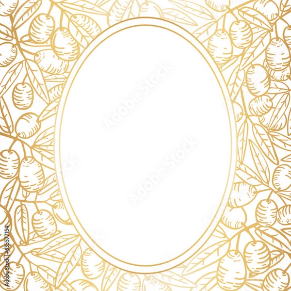 Obraz 
Background from olive branches of leaves and fruits with an oval frame for text. Vector hand drawing in golden colors.
