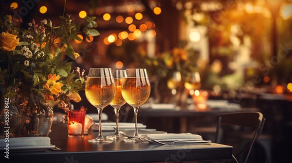 Fototapeta Elegant and select restaurant table Wine Glass and appetizers, on the bar table Soft light and romantic atmosphere dinner wedding service menue	