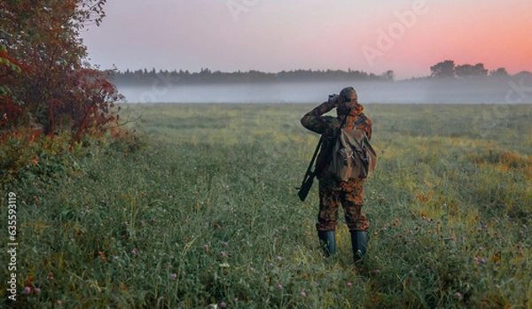 Fototapeta  Hunter looks through binoculars in autumn in the fog at the edge of the forest.